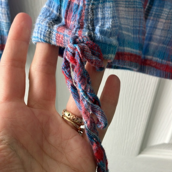 Como vintage blue red plaid crinkle peasant top long sleeve cotton small boho - Picture 4 of 7